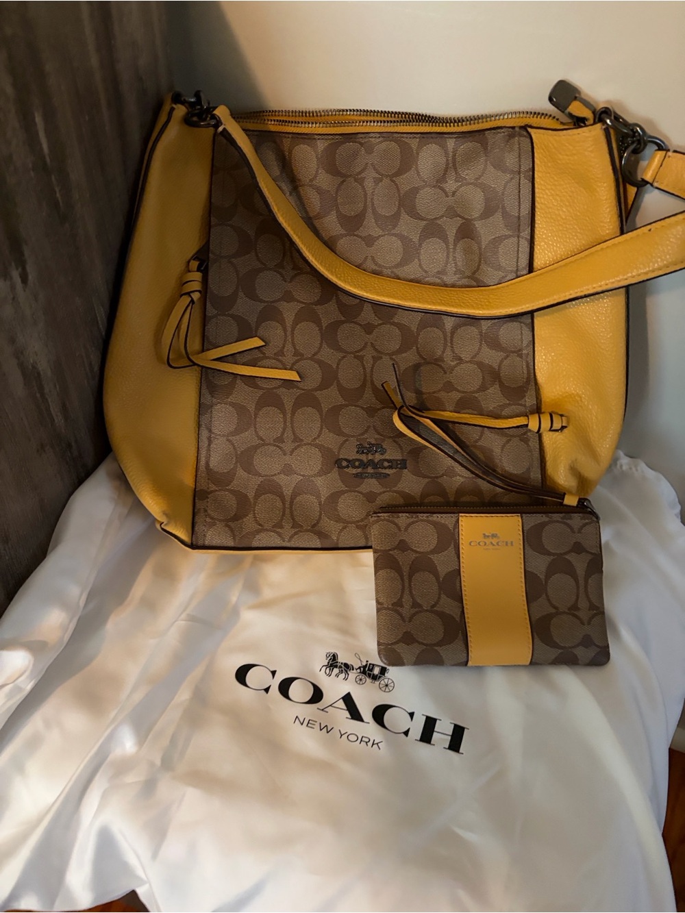 Coach Brown Signature Canvas Shoulder Bag with Yellow Trim and Wallet